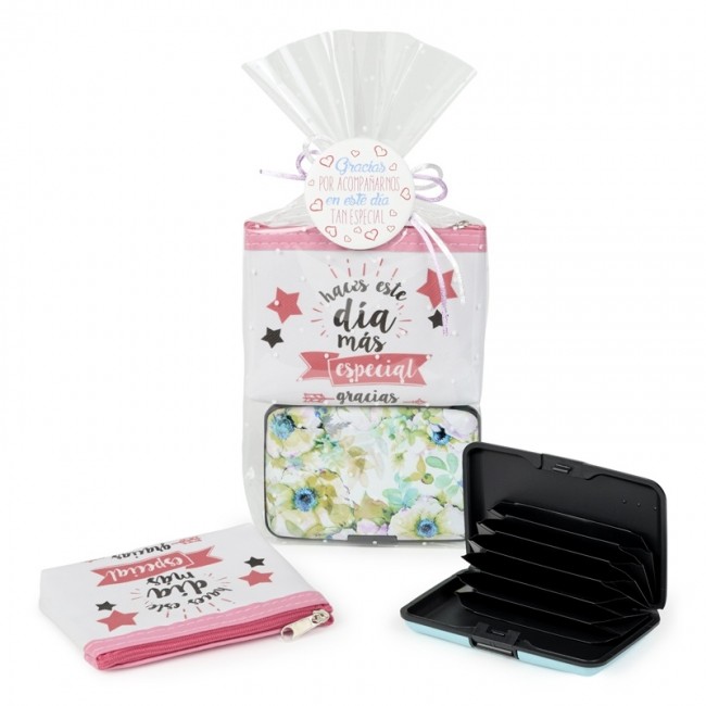 Detalle Bautizo Pack Monedero frases y tarjetero floral en bolsa Kraft