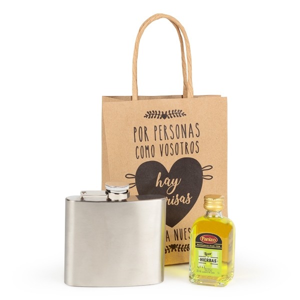 Detalle Bautizo Botella licor con petaca en bolsa regalo