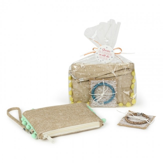Detalle Bautizo Portatodo pompón y brazalete en bolsa Kraft