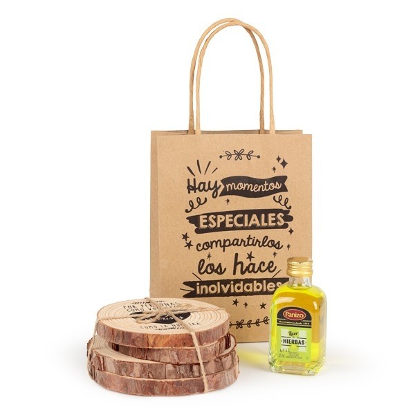 Detalle Bautizo Botella licor con posavasos en bolsa regalo