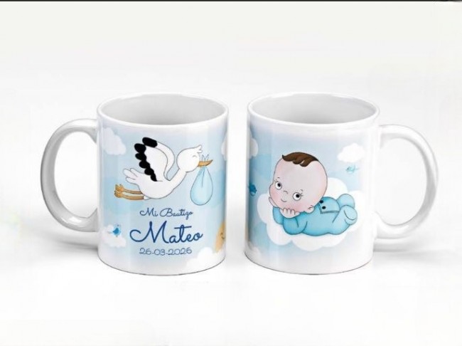 Detalle Bautizo taza bebé con pelele azul