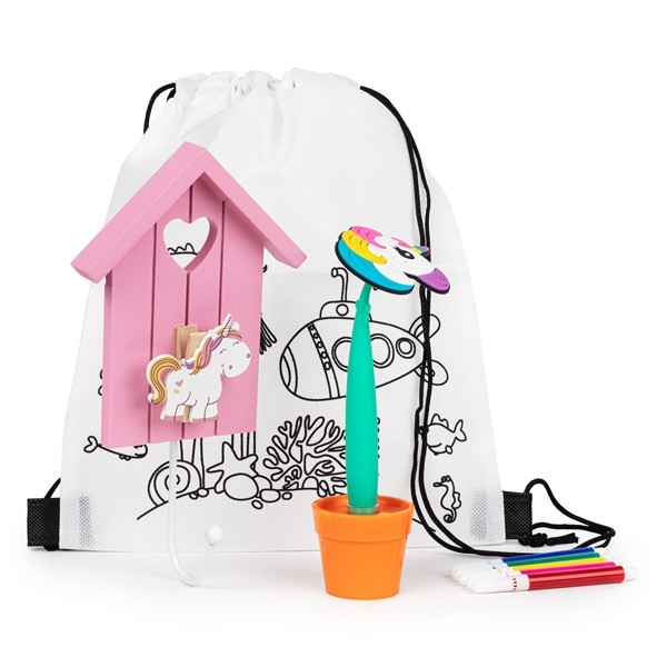 Mochila con percha de unicornio y boli maceta para detalle niñas