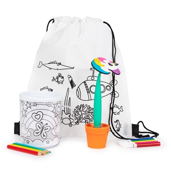Mochila con boli maceta y taza de colorear para detalle de niños