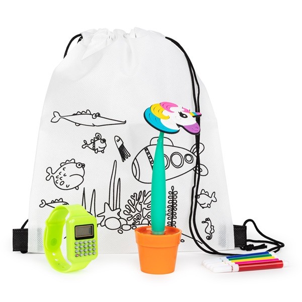 Mochila con reloj calculadora y boli maceta para detalle de niños