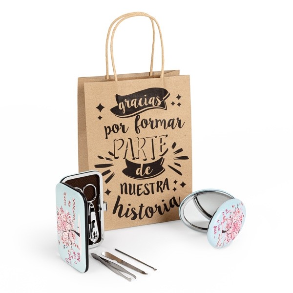 Detalle Bautizo Espejo con set de manicura árbol de la vida en bolsa regalo