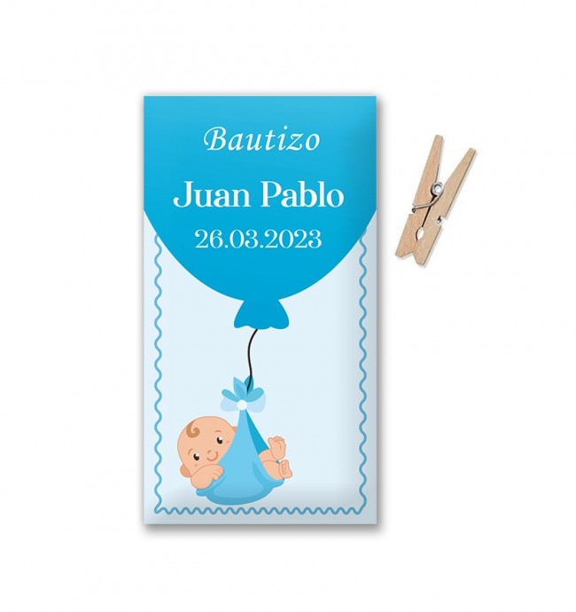 Etiqueta Bautizo Globo azul con niño (Lote 30 uds.)