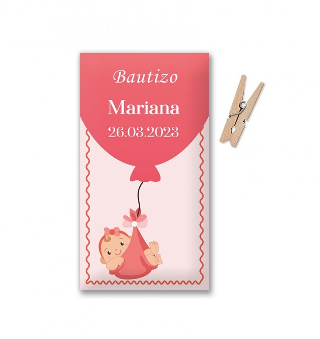 Etiqueta Bautizo Globo rosa con niña (Lote 30 uds.)