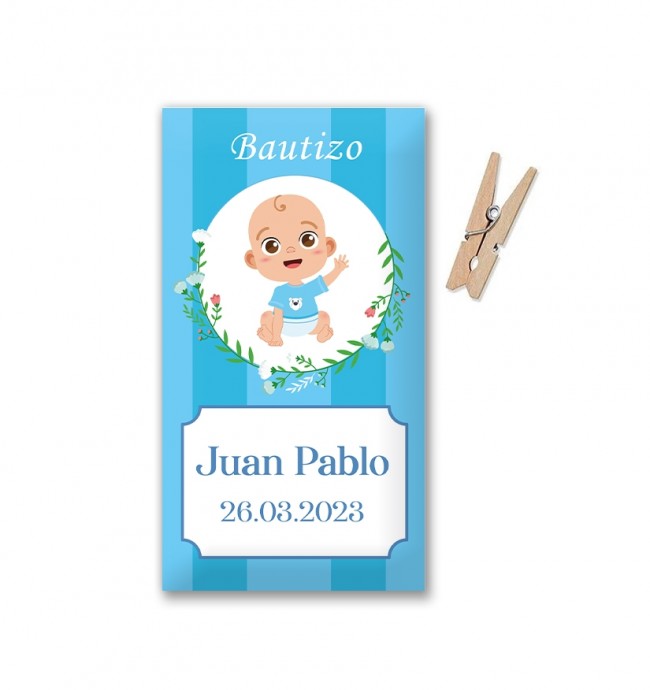 Etiqueta Bautizo Niño personalizada en azul (Lote 30 uds.) 