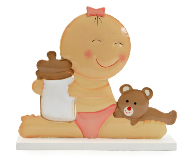 Figura de pastel metálica Niña con biberón y pañal rosa