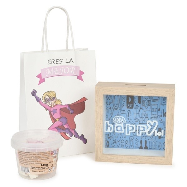 Detalle Bautizo hucha " Happy " con bote chuches con bolsa