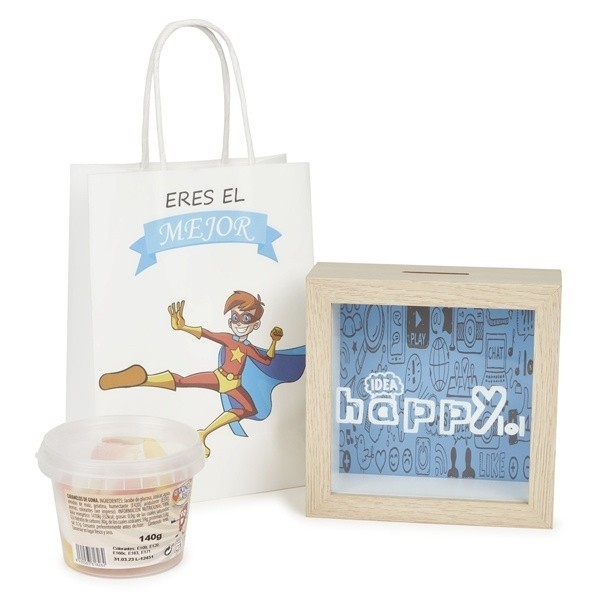 Detalle Bautizo hucha Happy niño con bote chuches con bolsa