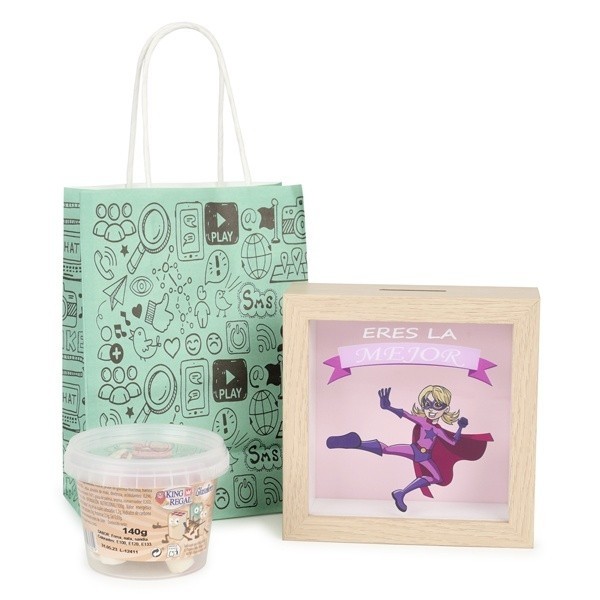 Detalle Bautizo Hucha Héroe niña con bote chuches con bolsa