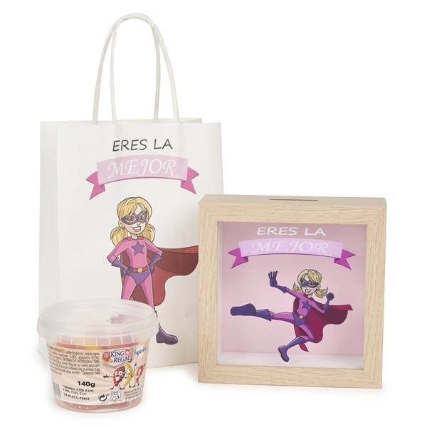 Regalo Hucha Super Héroes niña con bote chuches con bolsa