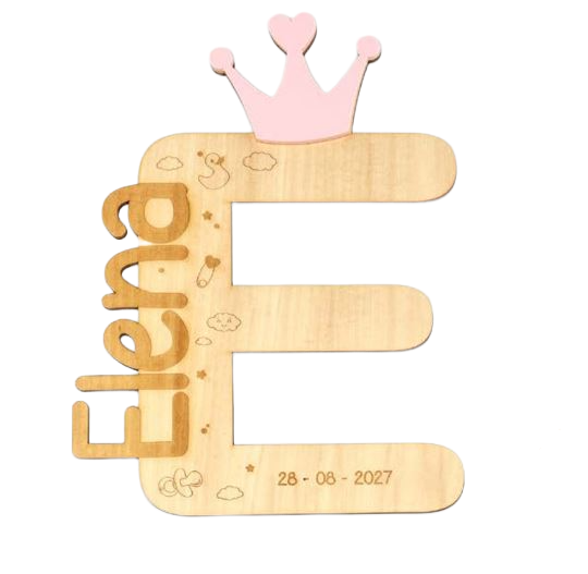 Inicial de madera y metacrilato con corona rosa