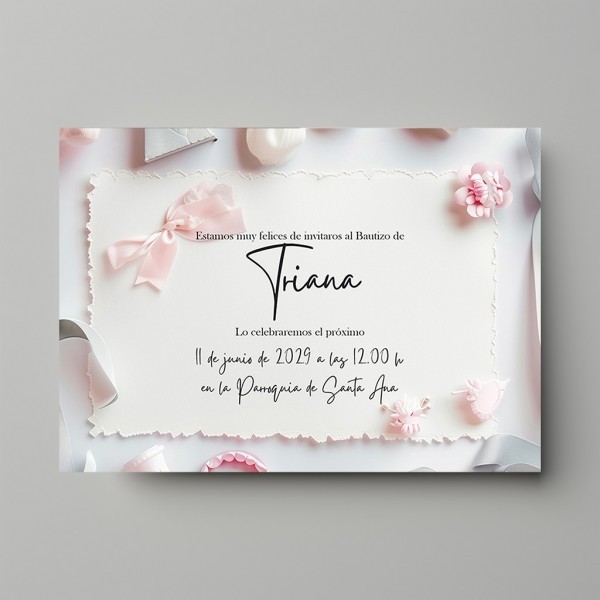 Invitación de Bautizo Modelo Carriola lacito rosa