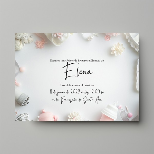 Invitación de Bautizo Modelo Dou Dou flores blancas