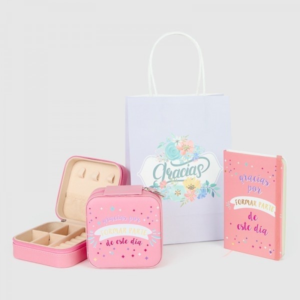 Detalle Bautizo libreta pastel frases con joyero pastel con bolsa