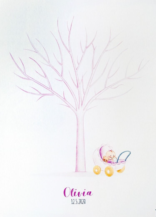 Lamina árbol de huellas con cochecito rosa personalizado