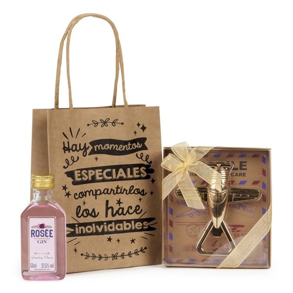 Detalle Bautizo Mini licor con abridor avión en bolsa Kraft 