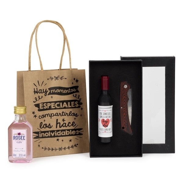 Detalle Bautizo Licor y estuche con abridor y navaja en bolsa 