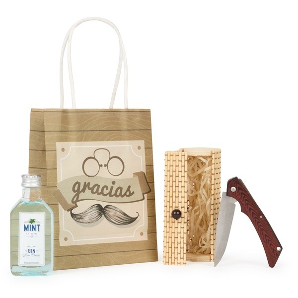 Detalle Bautizo licor y navaja en estuche con bolsa Kraft