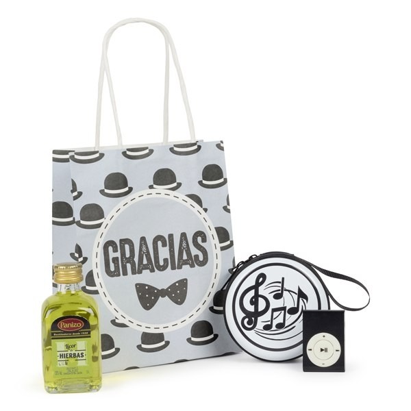 Detalle Bautizo Licor y portamonedas musical MP3 en bolsa regalo