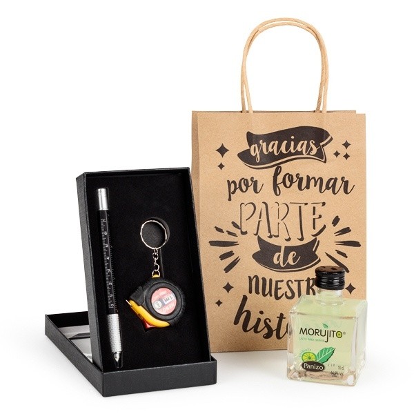 Detalle Bautizo Botella licor con set boli herramientas con metro en bolsa