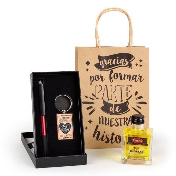 Botella licor con set boli porta móvil y llavero madera en bolsa