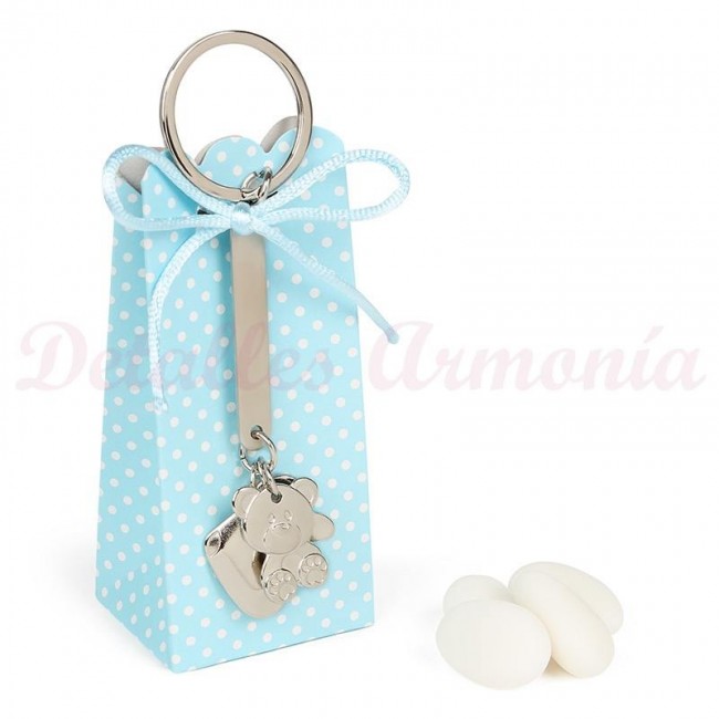 Llavero abalorios infantiles y caja azul para detalle bautizo Niño