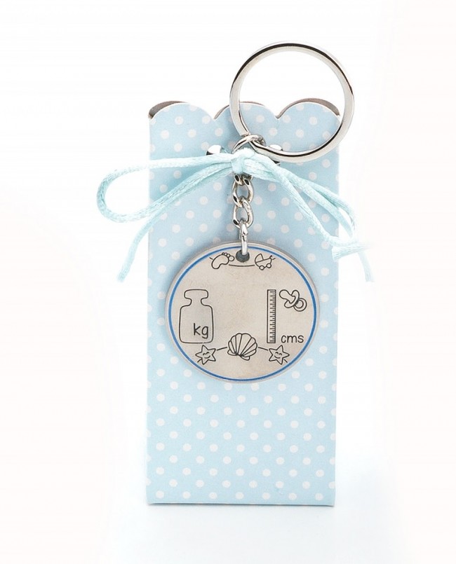 Llavero con datos de niño en caja con peladillas para Detalle de Bautizo