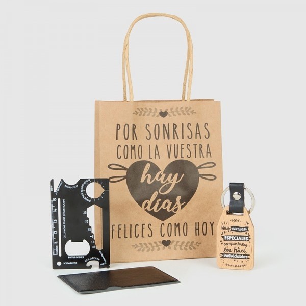 Detalle bautizo llavero frases cuero set multiherramientas con bolsa