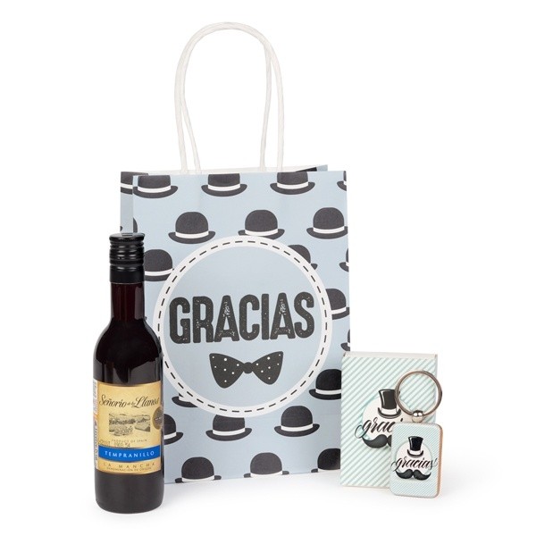 Llavero Gentleman con vino en bolsa Kraft para Detalle Bautizo