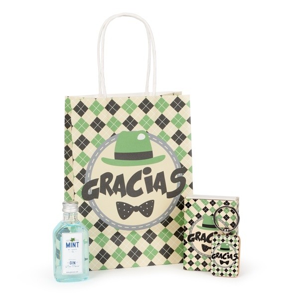 Llavero Gentleman estuchado con licor en bolsa Kraft para Detalle Bautizo