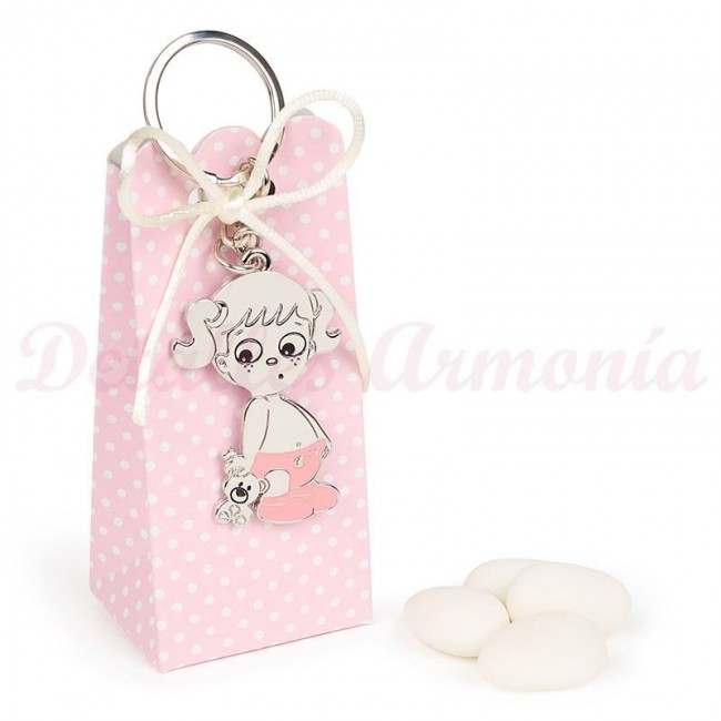 Llavero Niña con peluche y caja rosa para Detalle Bautizo