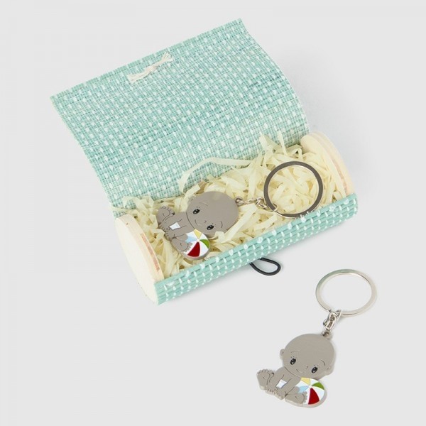 Caja bambú azul con llavero niño bautizo