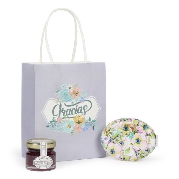 Detalle Bautizo Mermelada con espejo jardín en bolsa regalo