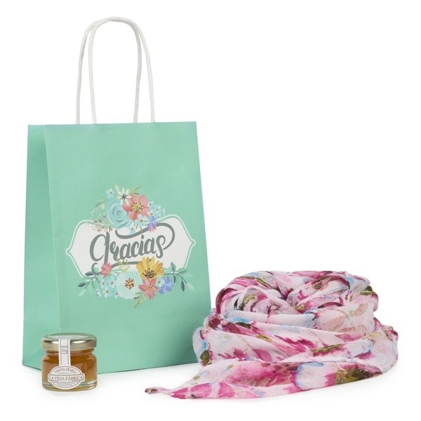Detalle Bautizo Mermelada y pashmina Jardín en bolsa Kraft