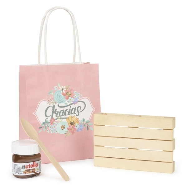 Detalle Bautizo Mini Nutella con posavasos palet en bolsa