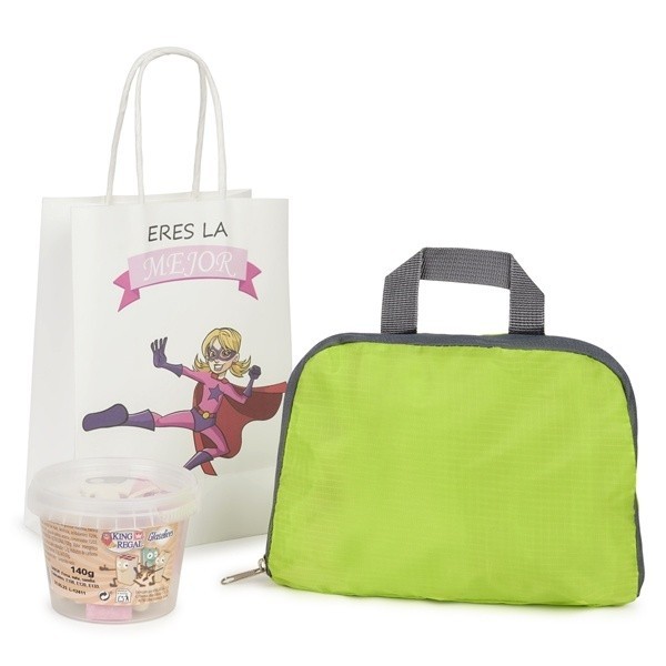 Detalle Bautizo mochila plegable con bote chuches con bolsa niña 