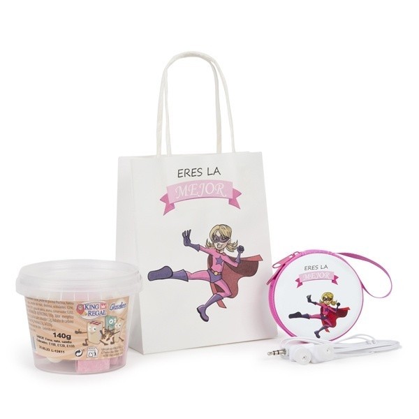 Detalle bautizo monedero Héroe niña con auriculares con bote chuches con bolsa