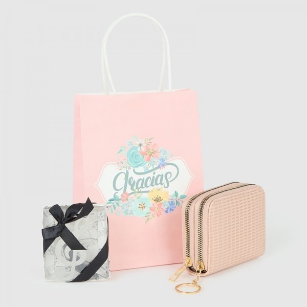 Detalle Bautizo monedero dos cremalleras marcapáginas de clave Sol con bolsa