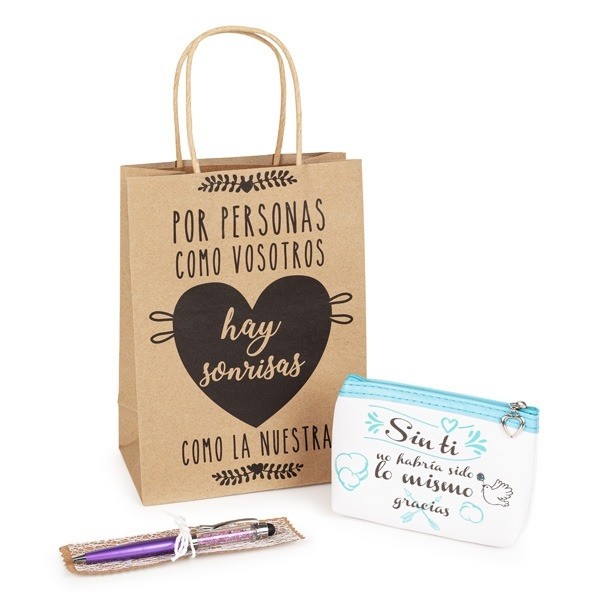 Detalle Bautizo Monedero gracias y boli cristalitos en bolsa