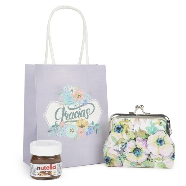 Detalle Bautizo Monedero Jardín y Nutella en bolsa Kraft