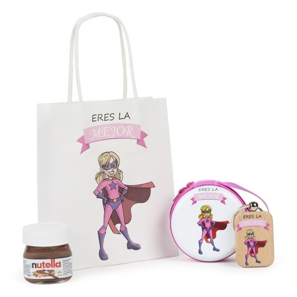 Detalle Bautizo monedero con llavero madera con Nutella con bolsa