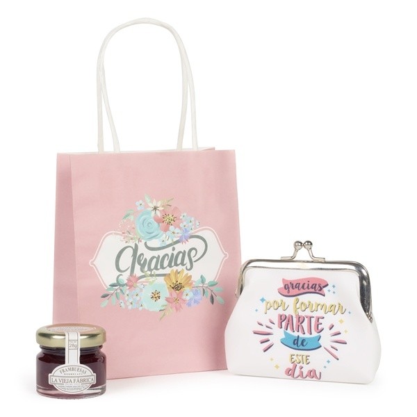 Detalle Bautizo Monedero Momentos especiales y mermelada en bolsa regalo