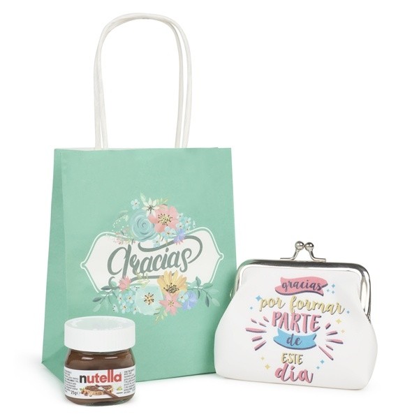 Detalle Bautizo Monedero y Nutella en bolsa Kraft 