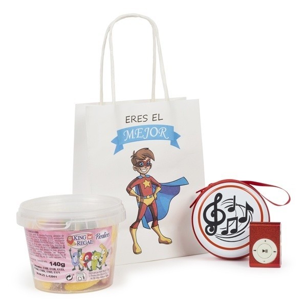 Detalle Bautizo MP3 portamonedas con bote chuches con bolsa