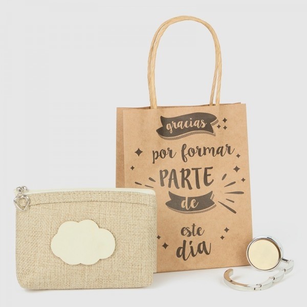 Detalle Bautizo monedero natural con sujetabolso con bolsa