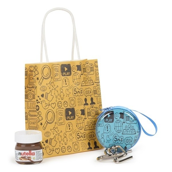 Detalle Bautizo monedero pasatiempos con Nutella con bolsa