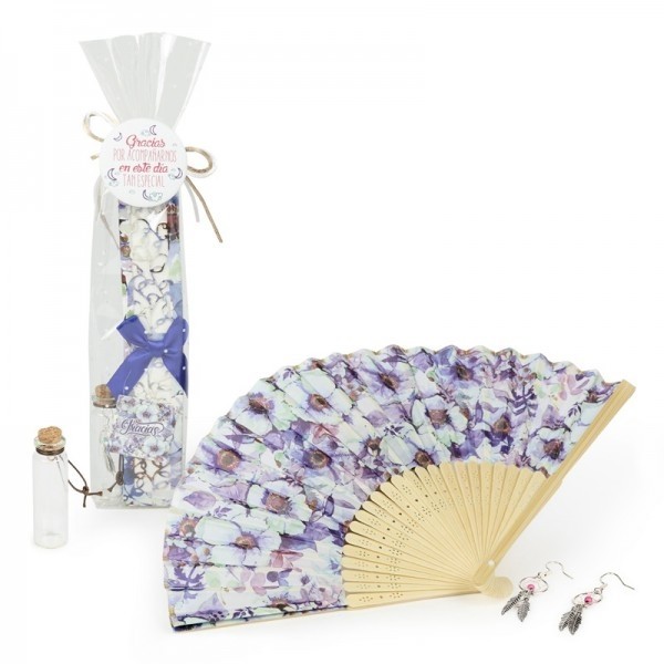 Detalle bautizo pendientes atrapasueños con abanico jardín estuchado con envoltorio